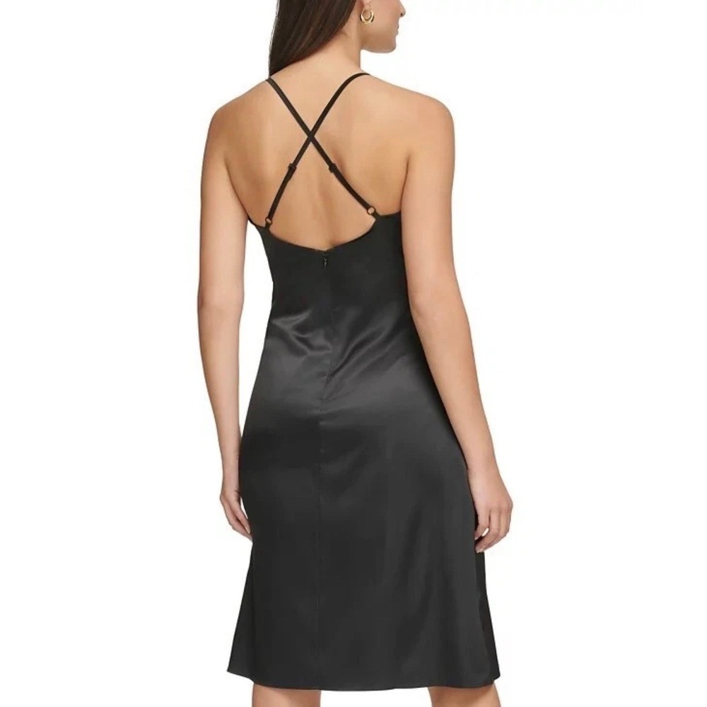 GUESS Lace-Trim Slip Dress Black Satin Midi Y2K Minimalist Wedding Guest - Picture 2 of 8